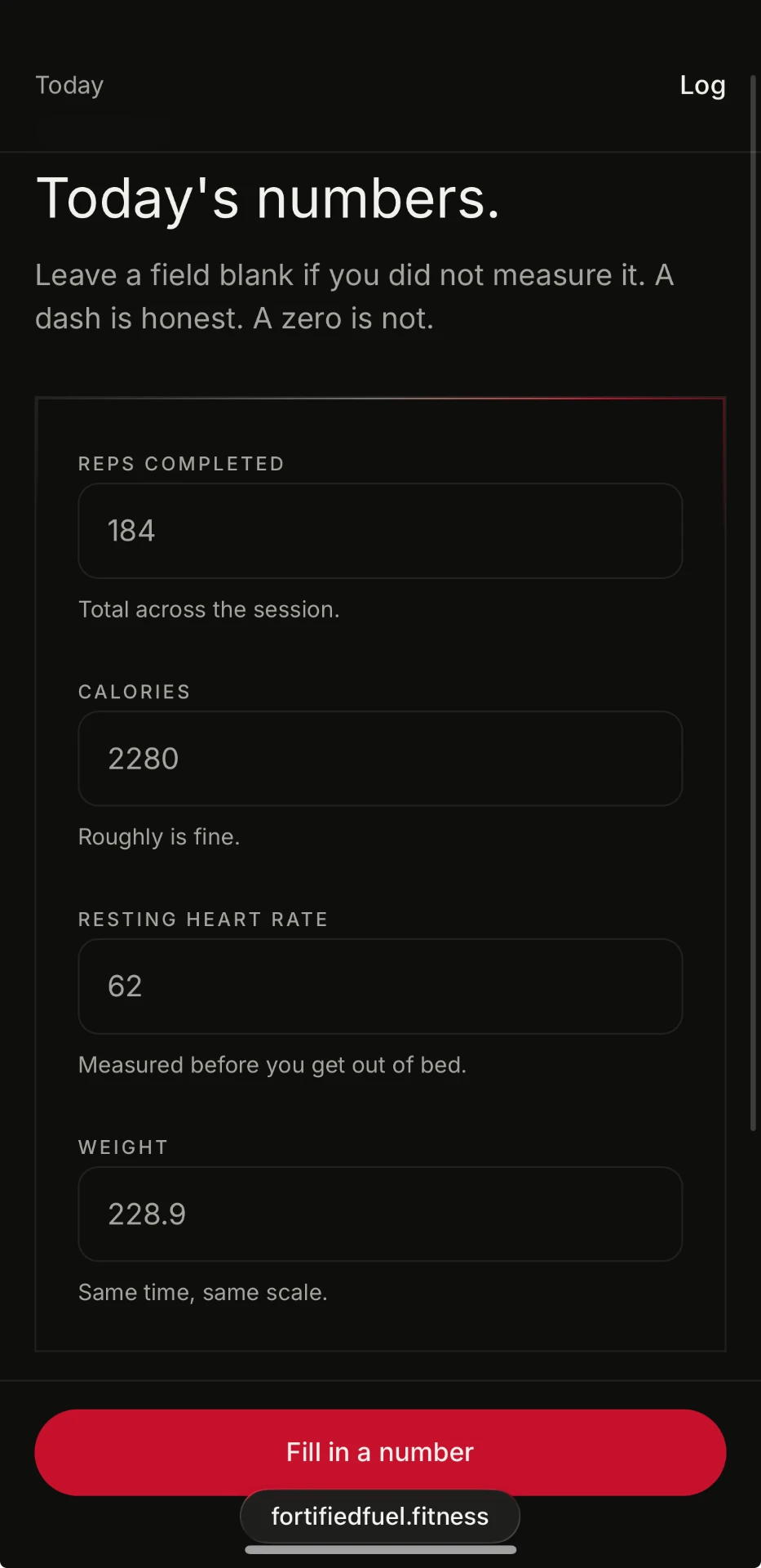 Today's numbers: reps, calories, resting heart rate and weight