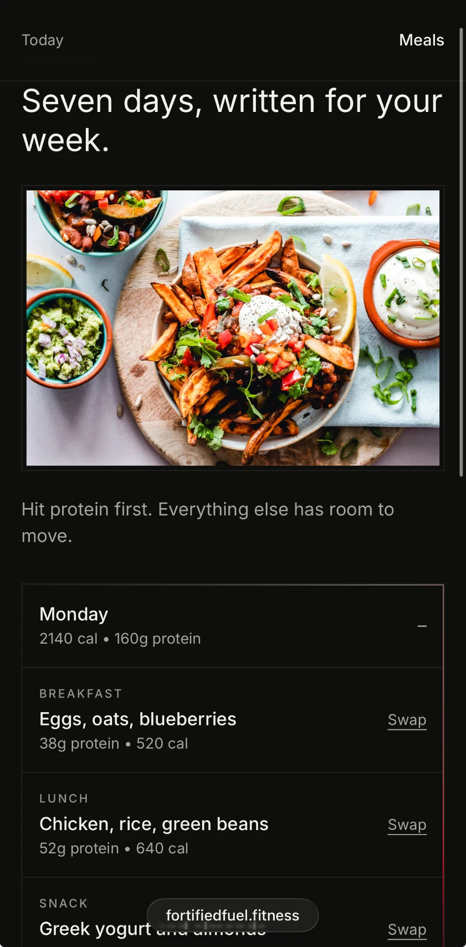 Meal plan: seven days written for your week, with swaps