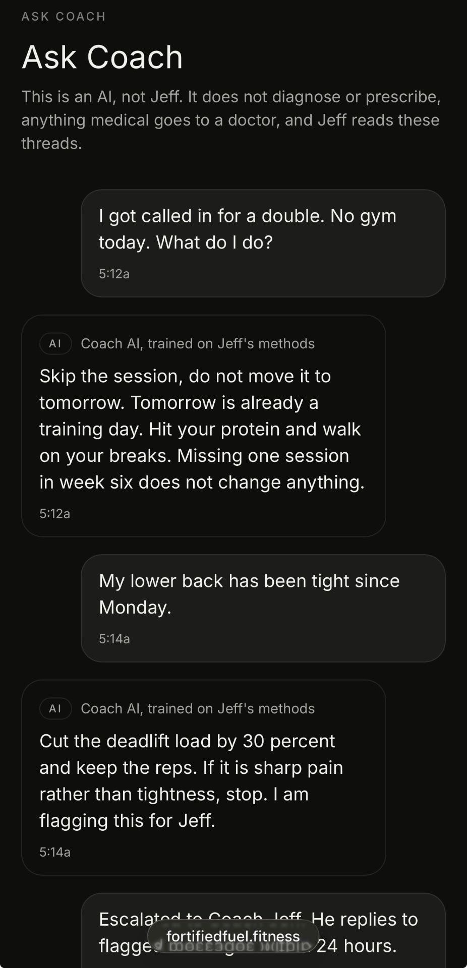 Ask Coach thread, each machine reply carrying its AI tag
